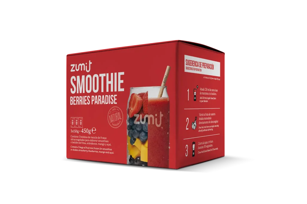 Smoothie Berries Paradise de Zumit- Caja de 3 unidades de fresa, mango, arándanos y cereza para la elaboración de smoothies en casa