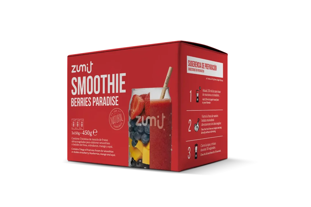 Smoothie Berries Paradise de Zumit- Caja de 3 unidades de fresa, mango, arándanos y cereza para la elaboración de smoothies en casa