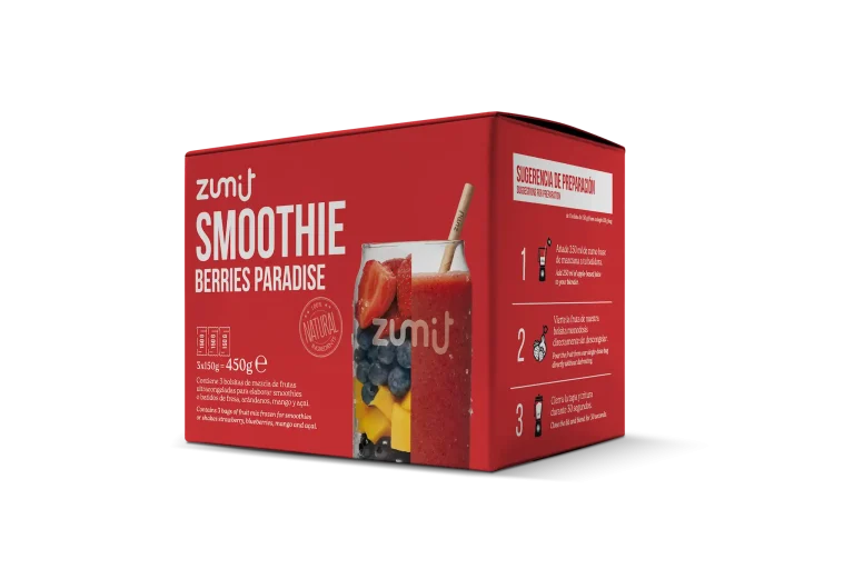 Smoothie Berries Paradise de Zumit- Caja de 3 unidades de fresa, mango, arándanos y cereza para la elaboración de smoothies en casa