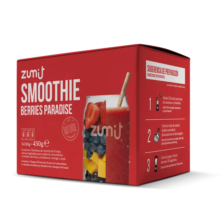 Smoothie Berries Paradise de Zumit- Caja de 3 unidades de fresa, mango, arándanos y cereza para la elaboración de smoothies en casa